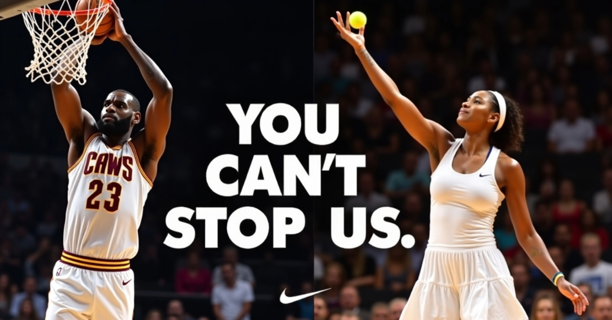 Basketball player lebron james attempting a dunk and tennis player serena williams reaching for a serve, with the motivational phrase You Can't Stop Us displayed between them, promoting Nike's message of athletic perseverance and excellence.