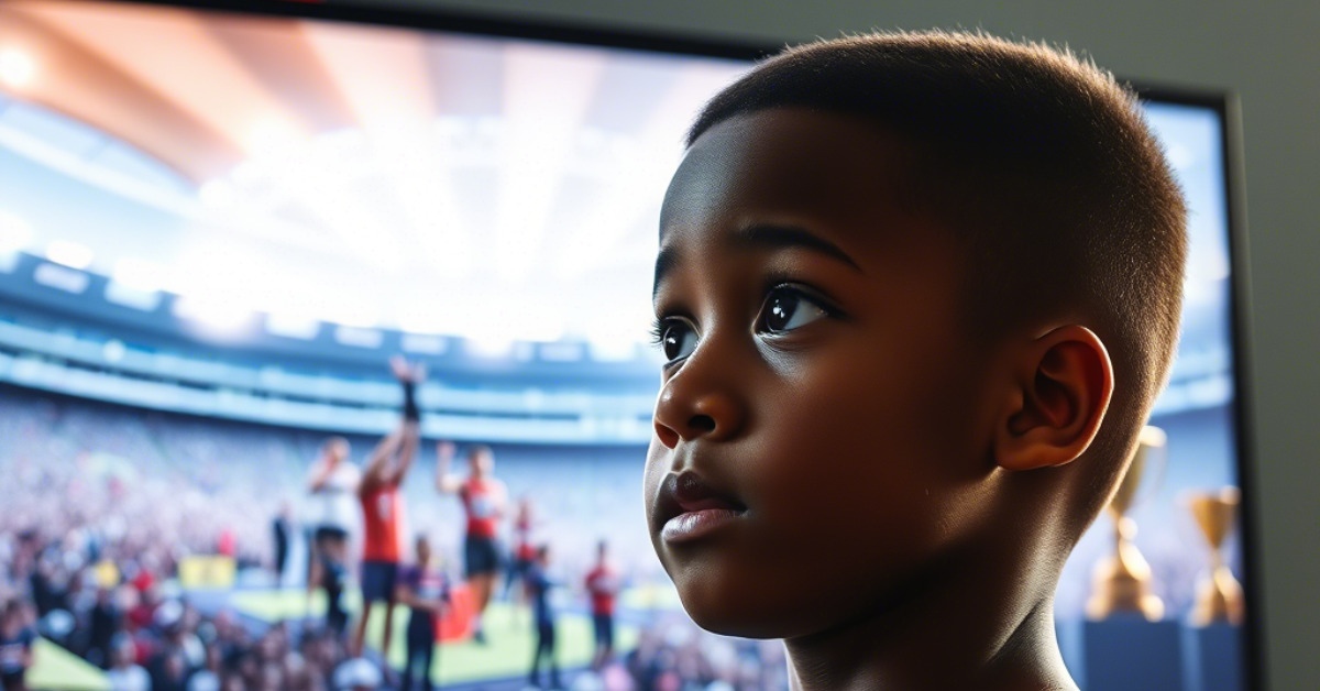 A child watching an exciting sports event on television with a stadium full of cheering fans in the background, capturing the anticipation of a major sports moment, engrossed in the action.