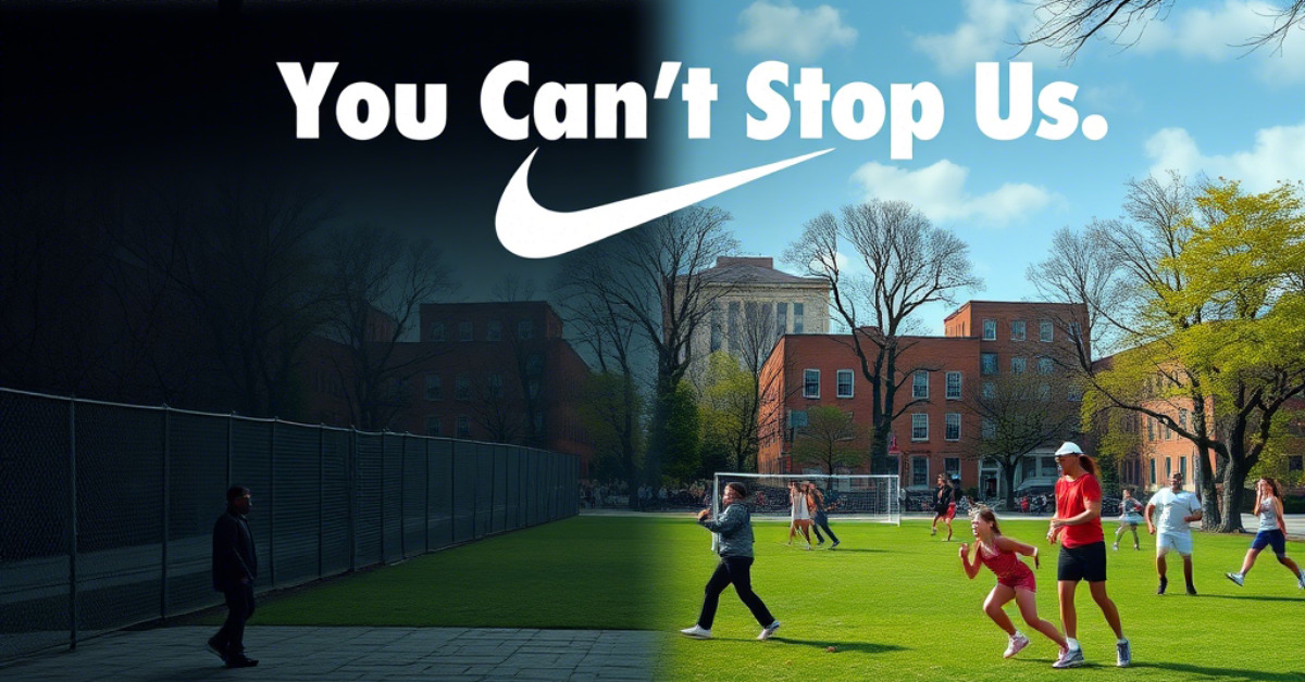 Nike motivational ad with You Can't Stop Us slogan, featuring an inspiring transition from darkness to a vibrant, active park scene with people playing sports, emphasizing perseverance and athleticism.